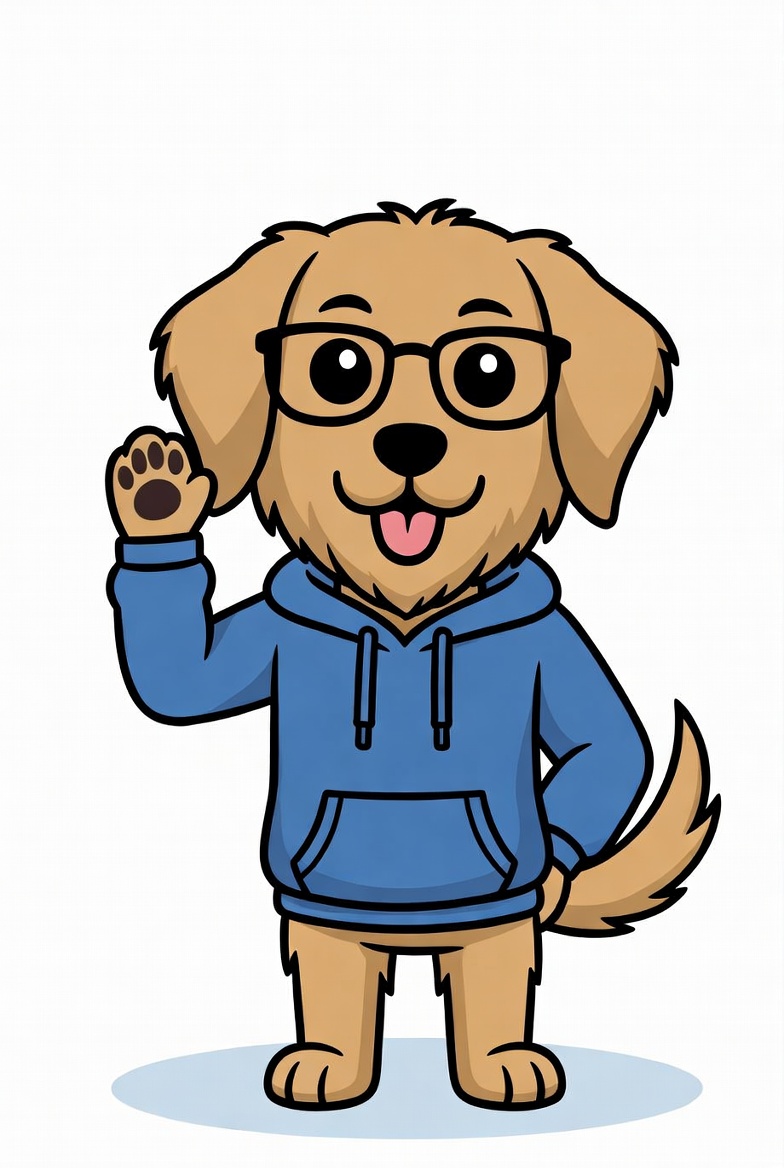 Buddy, the TechBuddy mascot, a friendly golden dog in a blue hoodie waving hello